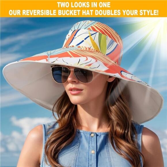 Women's Wide Brim Sun Hats UV Protection - Reversible Bucket Hat Foldable Beach - Picture 3 of 5